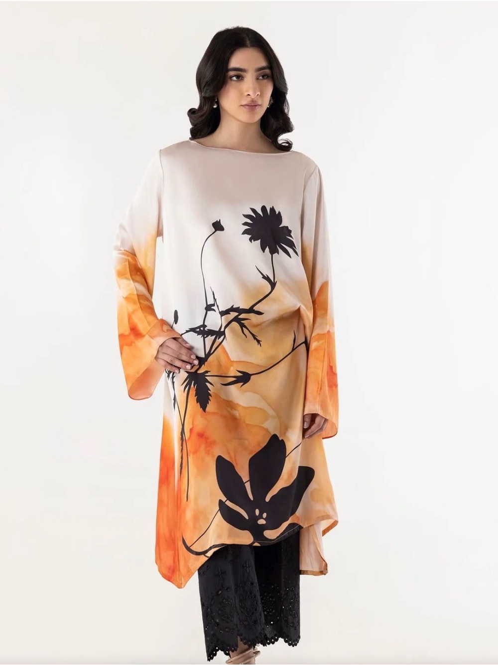 Sana Safinaz Floral Print Silk Kurti with Orange and Black Design